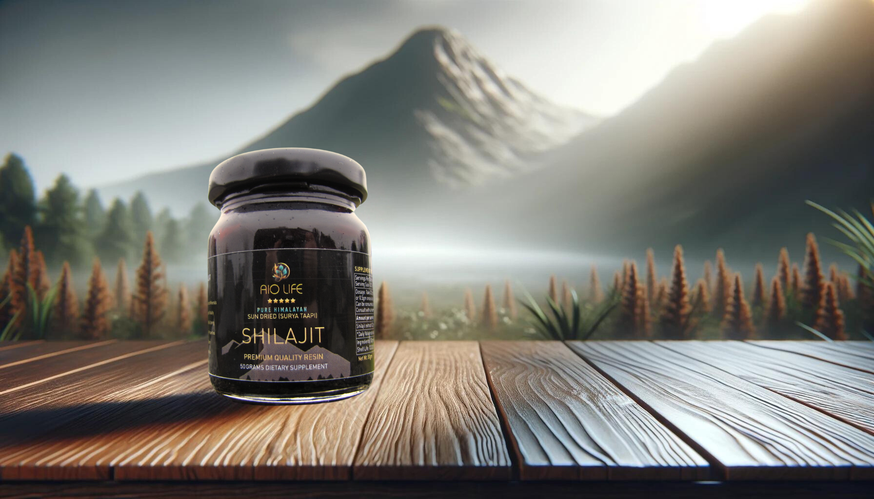 hymalayan shilajit jar, mountain background
